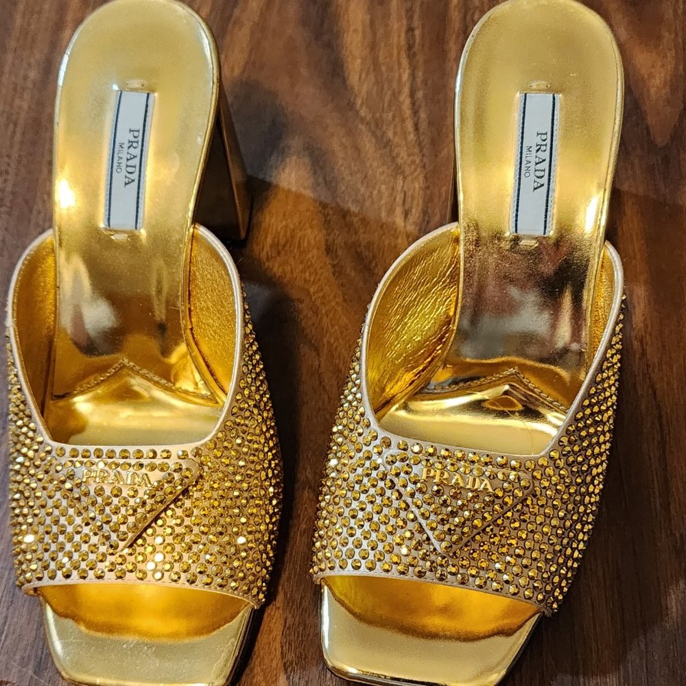 Prada Gold Crystal High Heel Satin Slides - Picture 5 of 5